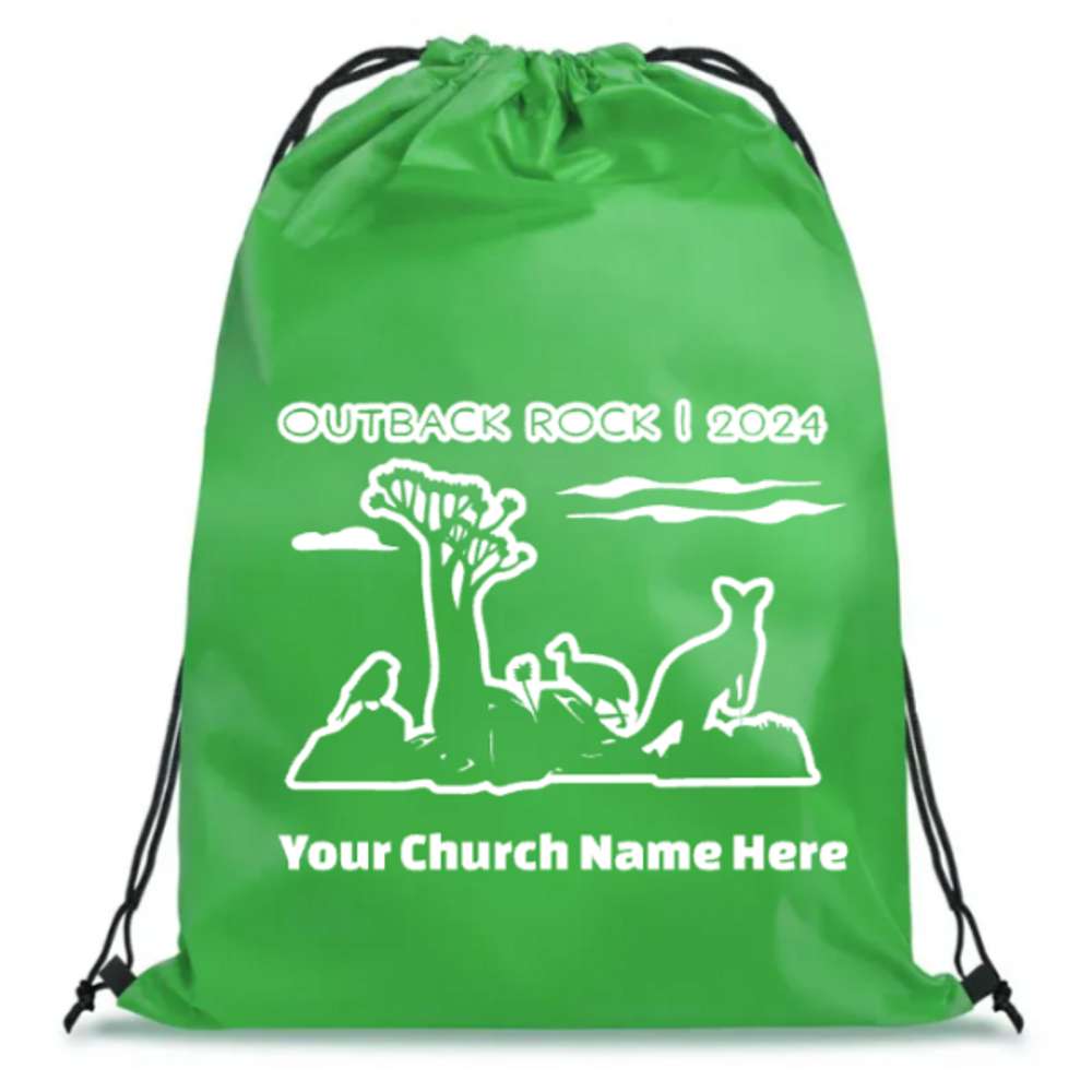 Easy Custom VBS Drawstring Bag - Personalize in Real Time - Outback Rock VBS - DOBR041