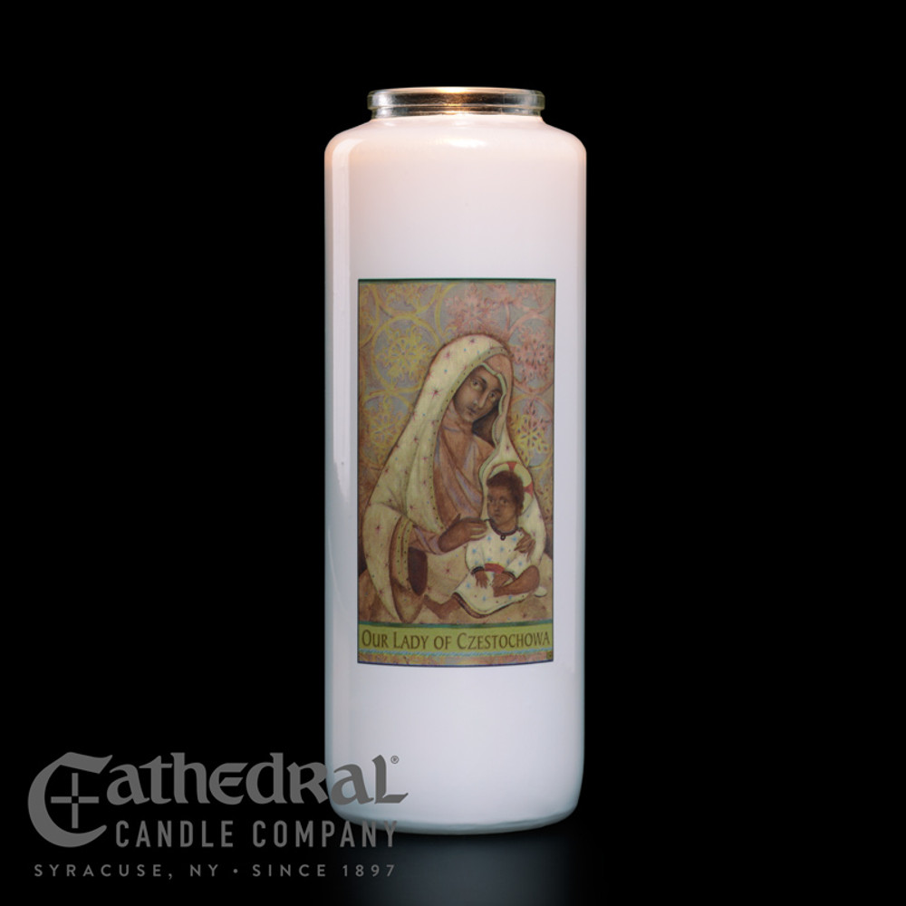 6 Day Sacred Glass - Lady/Czestochowa Candle (ONE DOZEN 6 DAY GLASS CANDLES)