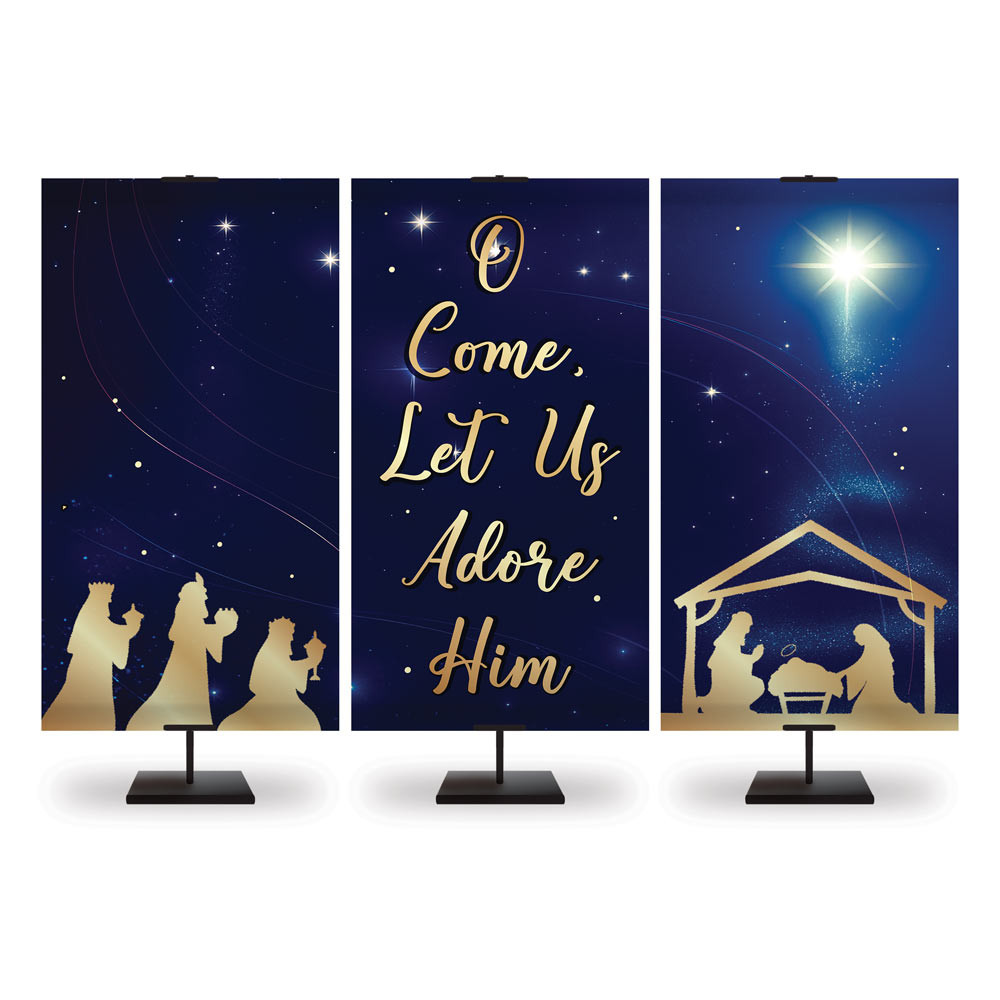 Church Banner - Gold & Midnight Blue Nativity Scene with Classic Hymns - Triptych