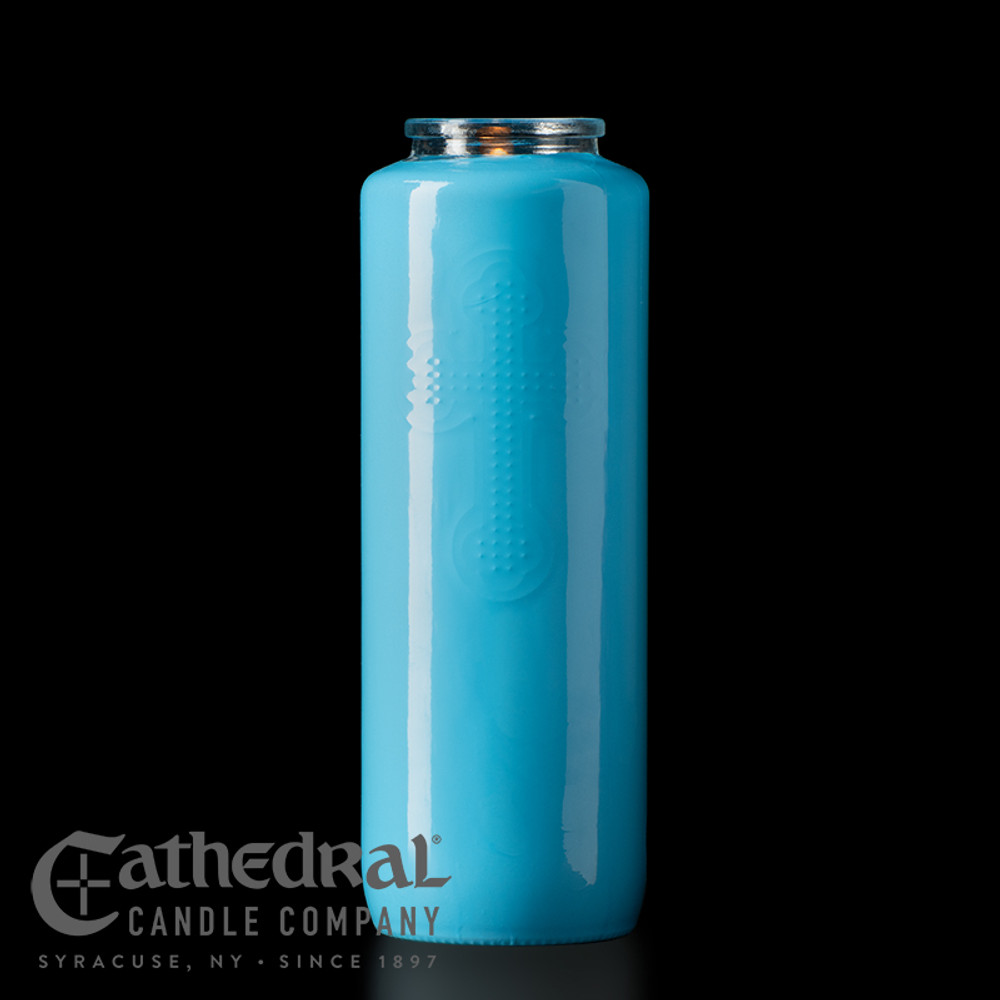 6-Day Glass Offering Candle (Marial Blue) - Paraffin - 8-1/8" x 2-7/8" - Pack of 12 - Cathedral Candle