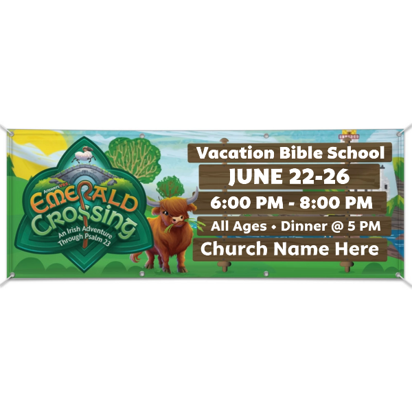 Easy Custom Outdoor Vinyl Banner - Personalize in Real Time - Emerald Crossing VBS - BEME004