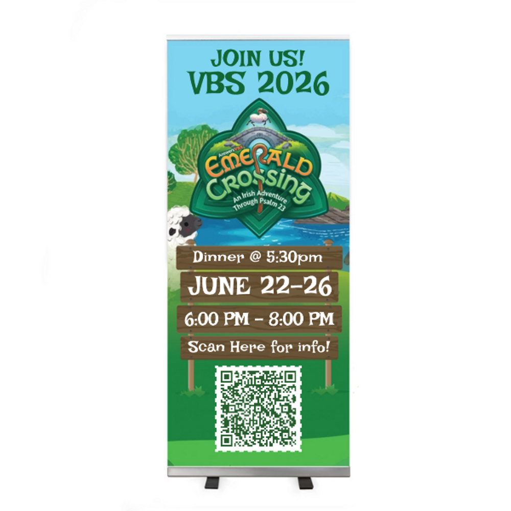 Easy Custom Retractable Vinyl Banner - Personalize in Real Time - Emerald Crossing VBS - REME004