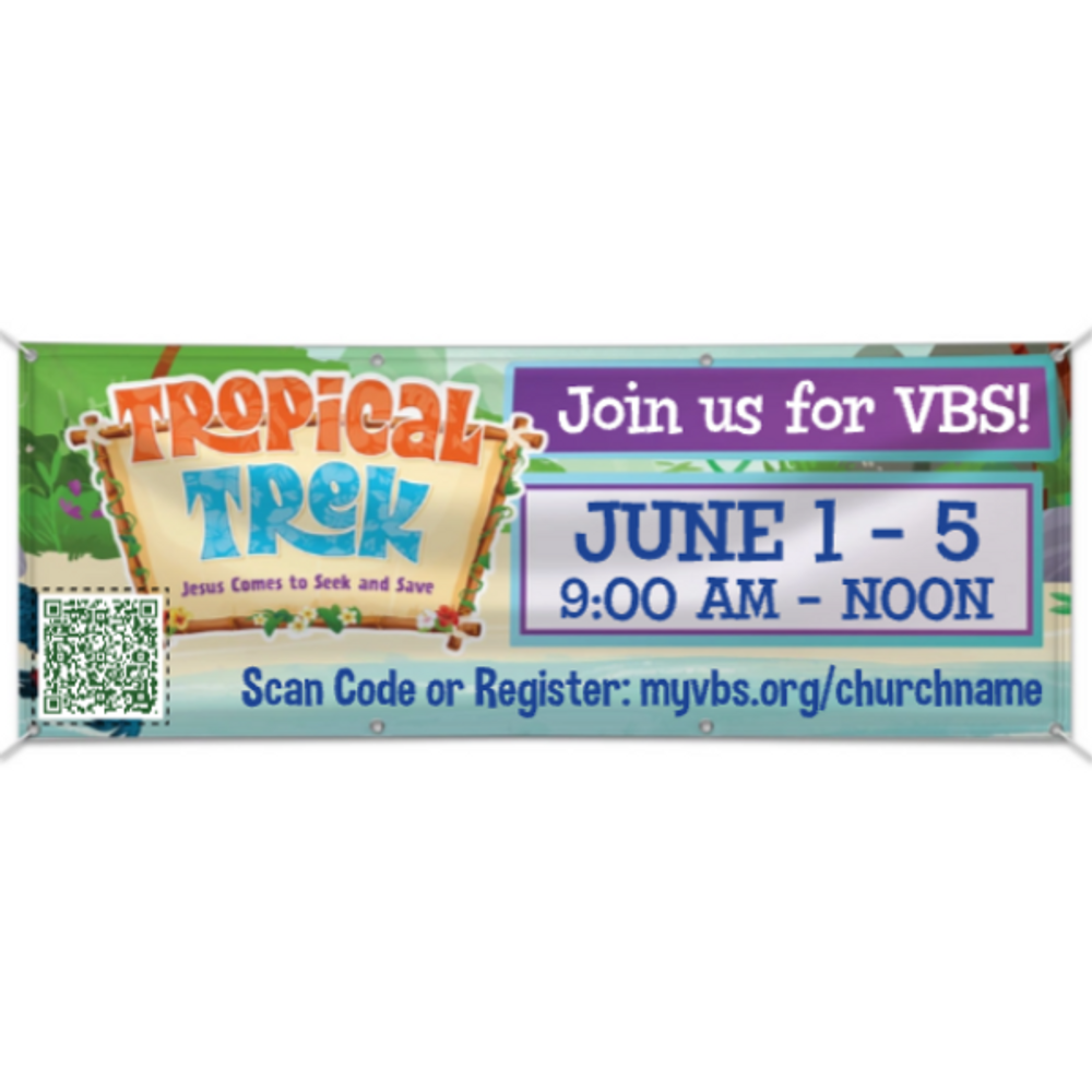 Easy Custom Outdoor Vinyl Banner - Personalize in Real Time - Tropical Trek VBS - BTROP004