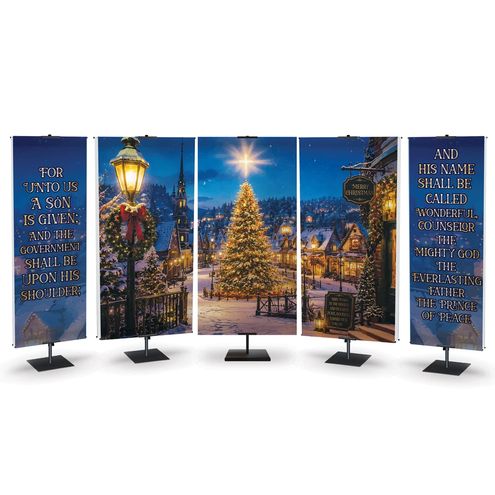 Christmas Banners - Warm Christmas Scene - Five Banner Set - Two 2'x6' and Three 3'x6' Banners - Fabric with Pole Loops