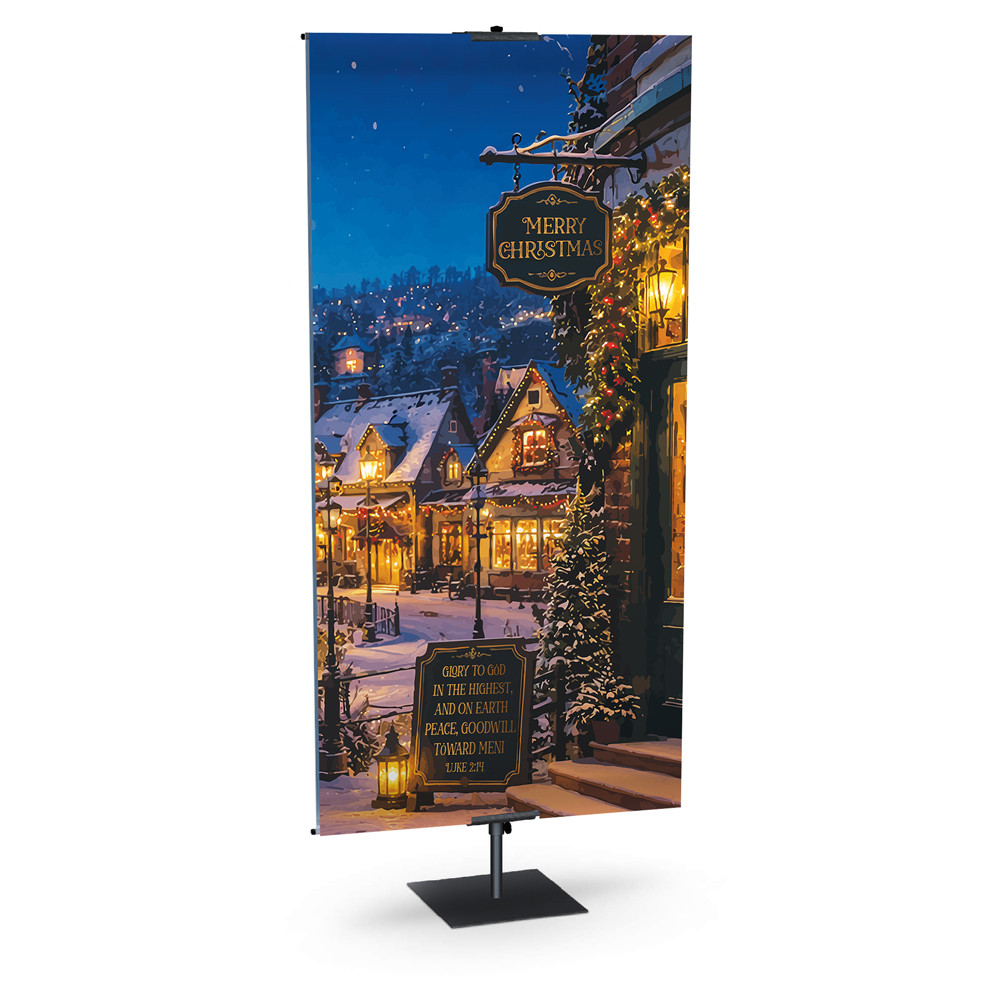 Church Banner - Warm Christmas Scene - Luke 2:14 Blue Sky