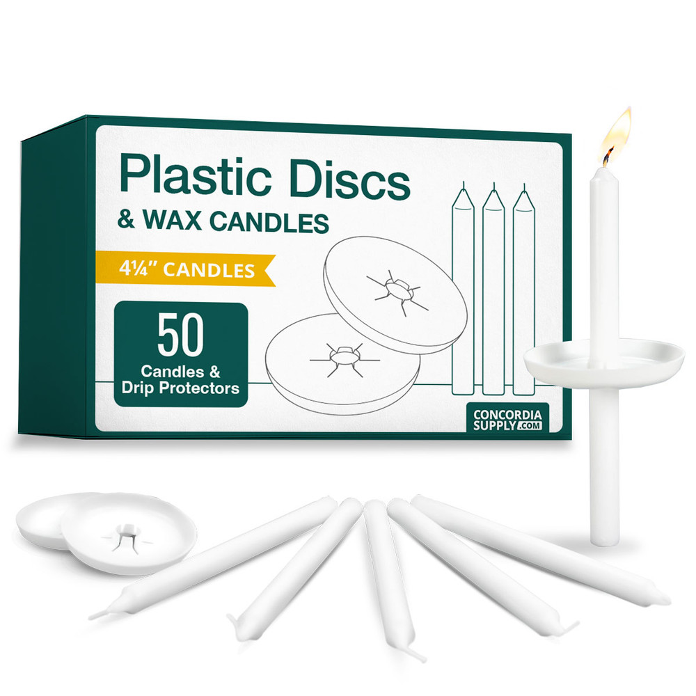 Candlelight Service Set - 4.25" Candles & Plastic Disc Drip Protectors (Set of 50)
