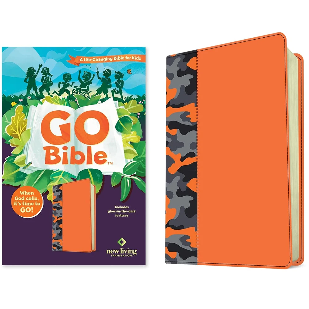 NLT GO Bible for Kids (with Glow-in-the-Dark Features), Ages 7-11 (LeatherLike, Orange Camo) - Case of 12