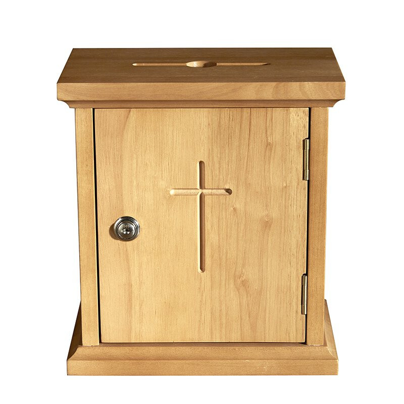 Wooden Tithe & Offering Box - Wall Mounted with Lock - Solid Wood with Oak Stain