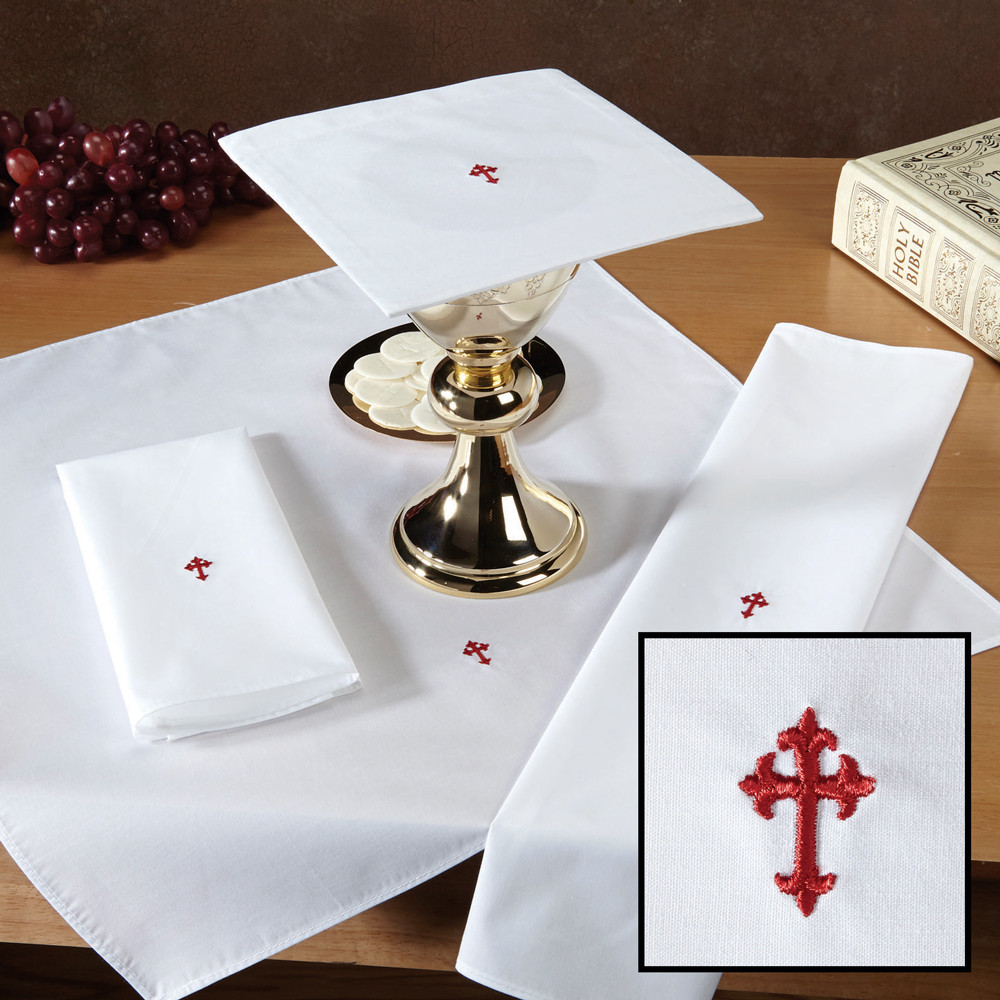 Fleur-de-Lis Cross Lavabo Towel w/ Red Cross - Poly/Cotton  (Pack of 12)