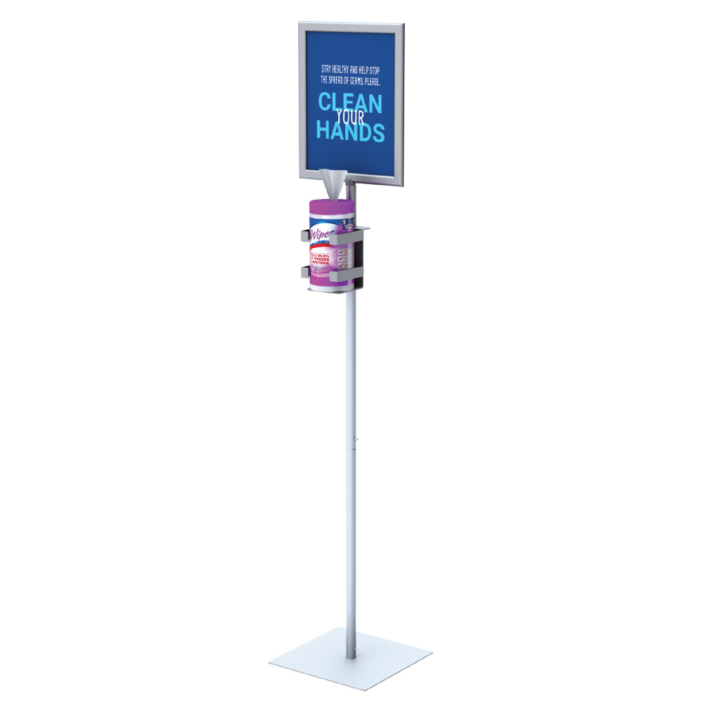 Hand Sanitizer Wipe Stand with Frame, 8.5"x11" Frame, 44" Upright, Square Base (Silver, Powdered Coated Steel)