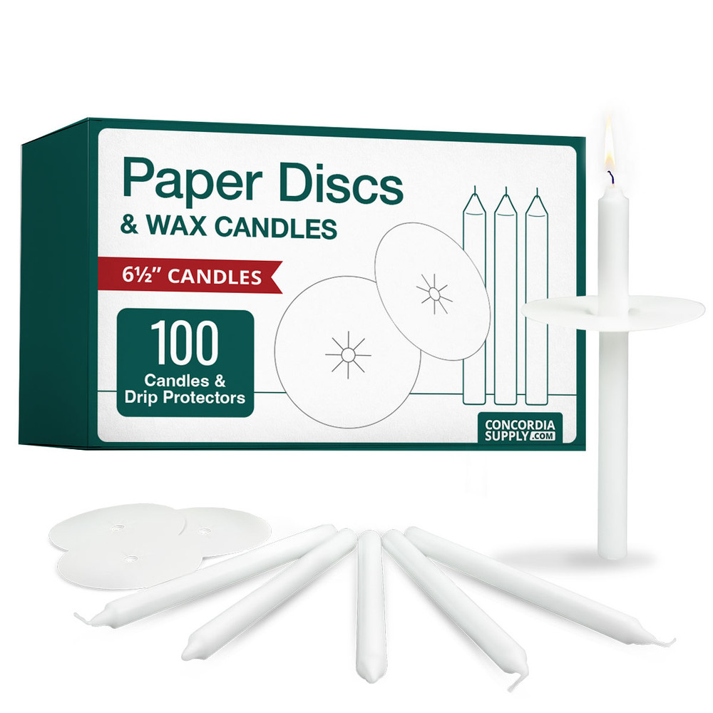 Candlelight Service Set of 100 Vigil Candles 6.5" x 1/2" and Paper Drip Protectors