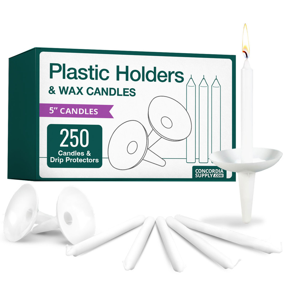 Candlelight Service Set of 250 Emkay Vigil Candles 5" x 1/2" and Plastic Candle Holders