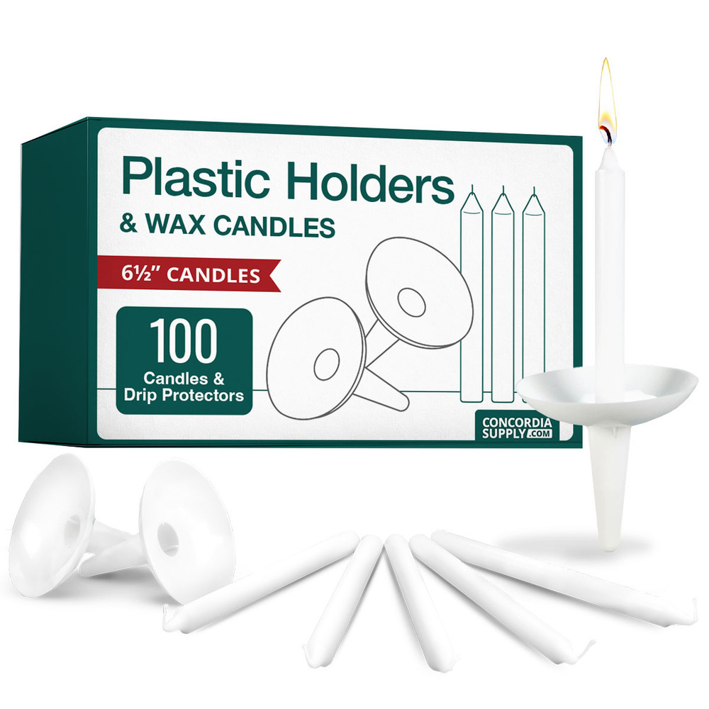 Candlelight Service Set of 100 Vigil Candles 6.5" x 1/2" and Plastic Candle Holders