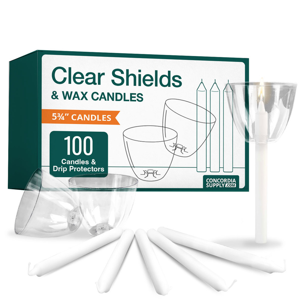 Candlelight Service Set of 100 Vigil Candles 5.75" x 1/2" and Clear Plastic Shields