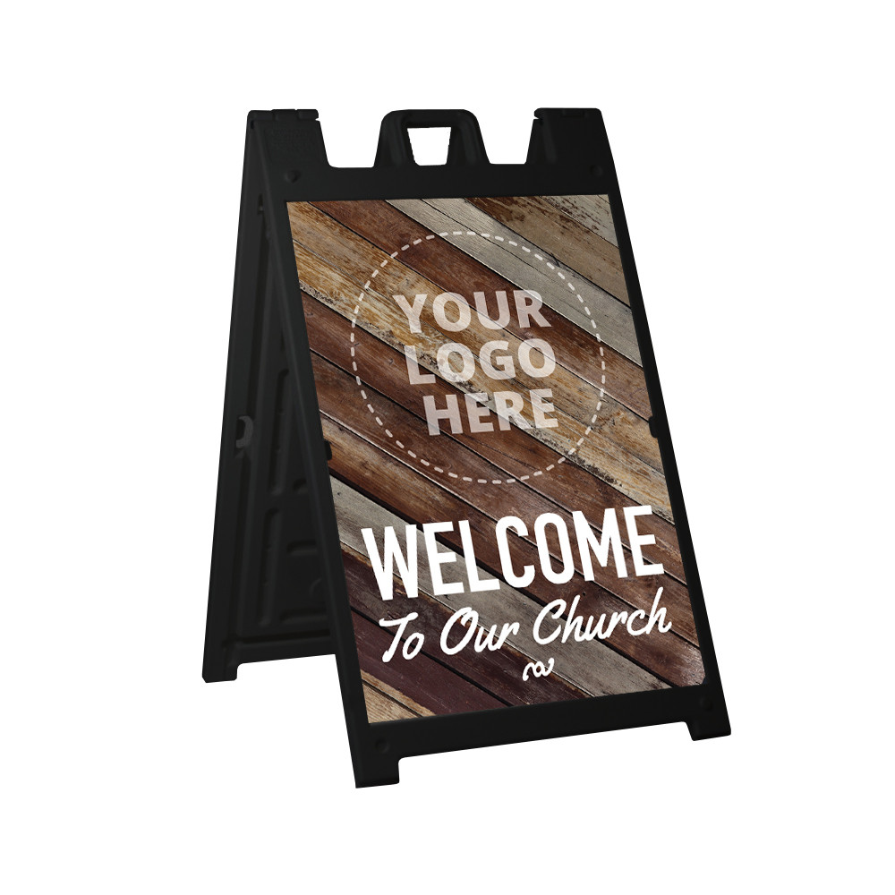 Welcome Logo Wood Style - Deluxe A-Frame Sandwich Board Street Signs (24"x36") - Black