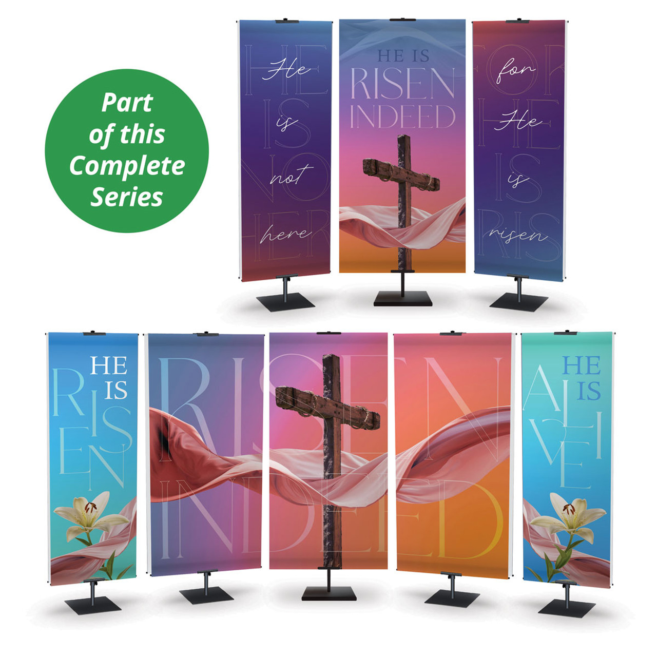 Church Banners - Vivid Easter Glory - Five Banner Set - Two 2'x6' and Three  3'x6' Banners - Fabric with Pole Loops -BSP24010SET