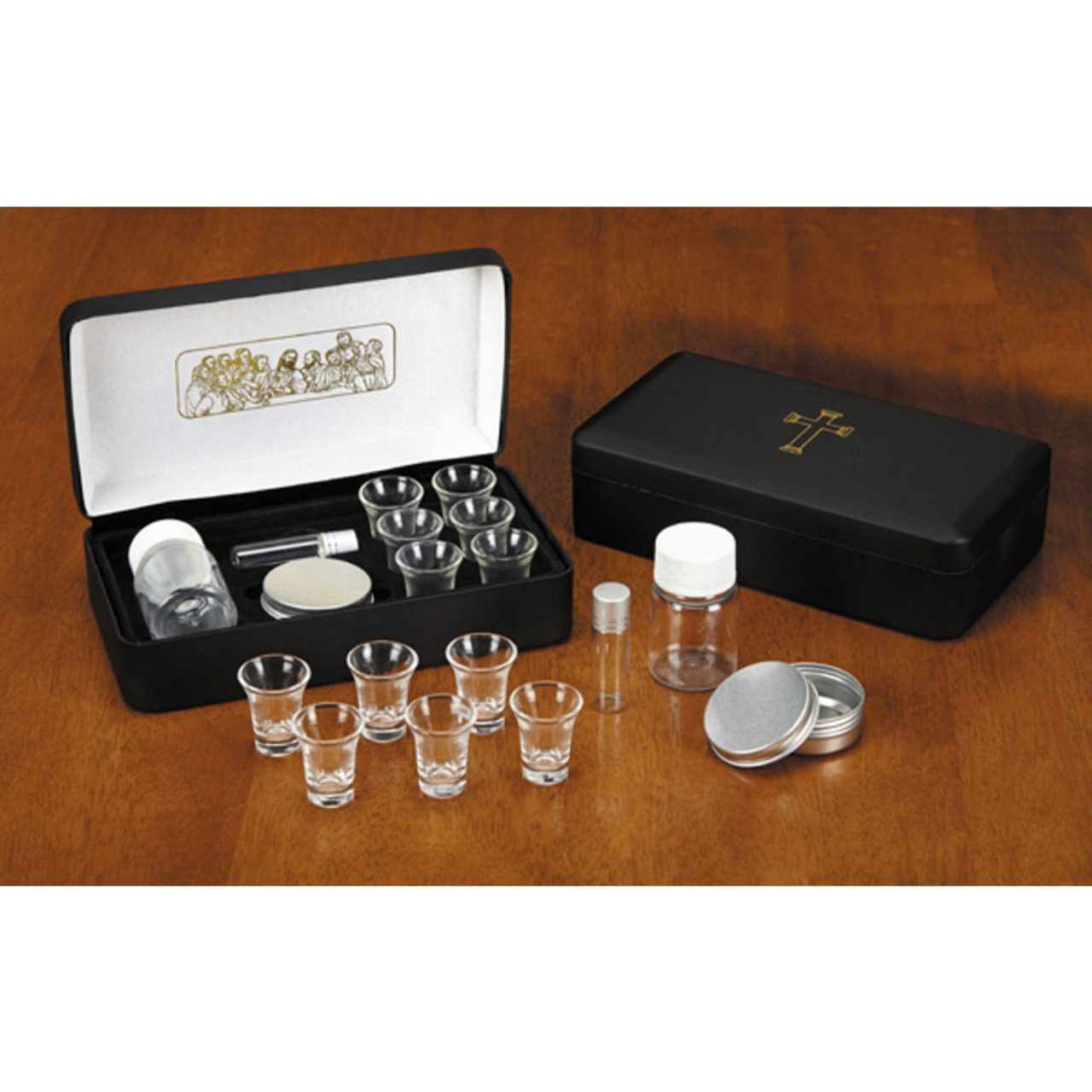 Last Supper Metal Hinged Portable Communion Set - 6 Glass Cups