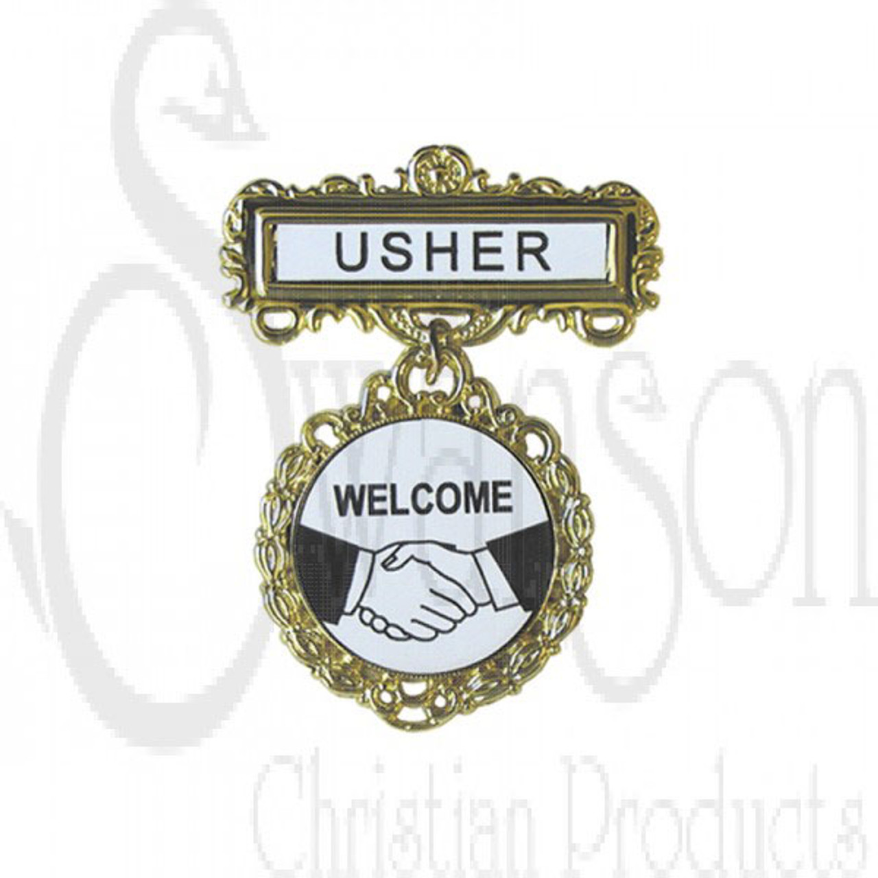 Usher Badge-Pin Back - Fancy Round Brass usher-badge-pin-back-fancy-round-brass