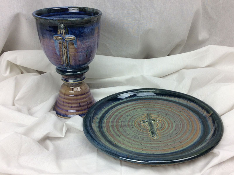 Chalice w/ Old Rugged Cross & Paten - Stoneware - Pastel Blue