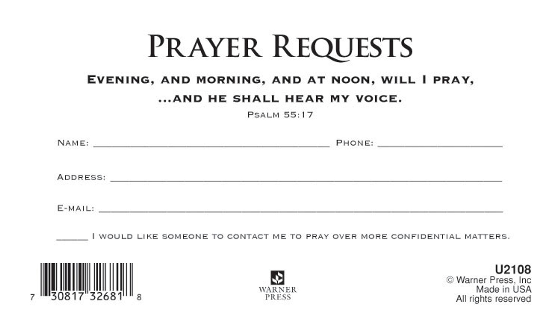 Prayer Request Card U2108 Pack Of 50 Concordia Supply 