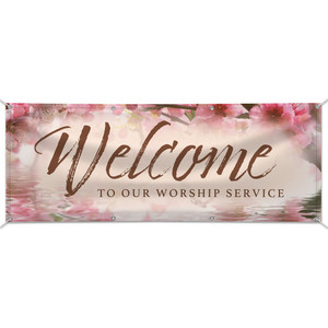 Customizable Outdoor Vinyl Banner - Welcome - Blossom Pink Customizable Outdoor Vinyl Banner - Welcome - Blossom Pink
