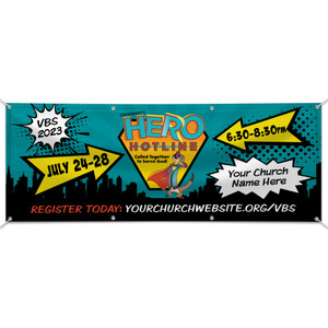 Custom Outdoor Vinyl Banner - Hero Hotline VBS - BHER003 Custom Outdoor Vinyl Banner - Hero Hotline VBS - BHER003