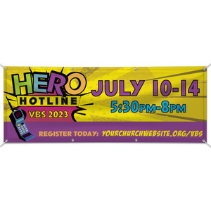 Custom Outdoor Vinyl Banner - Hero Hotline VBS - BHER006 Custom Outdoor Vinyl Banner - Hero Hotline VBS - BHER006