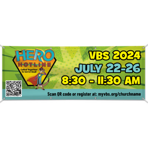 Easy Custom Outdoor Vinyl Banner - Personalize in Real Time - Hero Hotline VBS - BHER0011 Easy Custom Outdoor Vinyl Banner - Personalize in Real Time - Hero Hotline VBS - BHER0011