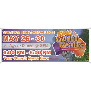 Easy Custom Outdoor Vinyl Banner - Personalize in Real Time - Epic Australian Adventure VBS - BAUS001 Easy Custom Outdoor Vinyl Banner - Personalize in Real Time - Epic Australian Adventure VBS - BAUS001