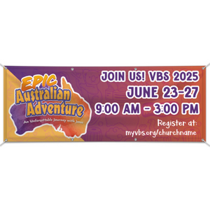 Easy Custom Outdoor Vinyl Banner - Personalize in Real Time - Epic Australian Adventure VBS - BAUS002 Easy Custom Outdoor Vinyl Banner - Personalize in Real Time - Epic Australian Adventure VBS - BAUS002
