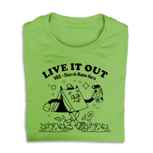 Live It Out VBS Custom T-Shirt - One Color Design - Tent with Water Bottle