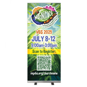 Easy Custom Retractable Vertical Vinyl Banner - Personalize in Real Time - Magnified VBS - RMAG001 - QR code Easy Custom Retractable Vertical Vinyl Banner - Personalize in Real Time - Magnified VBS - RMAG001 - QR code