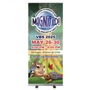 Easy Custom Retractable Vertical Vinyl Banner - Personalize in Real Time - Magnified VBS - RMAG004 Easy Custom Retractable Vertical Vinyl Banner - Personalize in Real Time - Magnified VBS - RMAG004