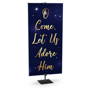 Church Banner - Gold & Midnight Blue Nativity Scene with Classic Hymns - O Come Let Us Adore Him
