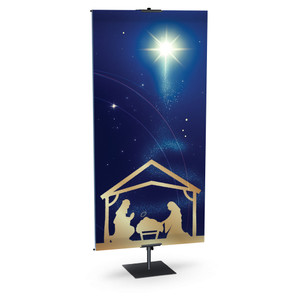Church Banner - Gold & Midnight Blue Nativity Scene with Classic Hymns - The Manger