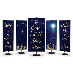Church Banner - Gold & Midnight Blue Nativity Scene with Classic Hymns - The Manger