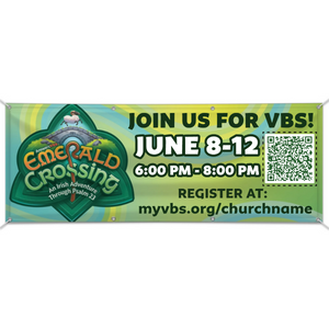 Easy Custom Outdoor Vinyl Banner - Personalize in Real Time - Emerald Crossing VBS - BEME002 Easy Custom Outdoor Vinyl Banner - Personalize in Real Time - Emerald Crossing VBS - BEME002