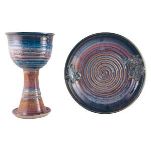 Chalice & Paten Set - Wheat & Grape - Stoneware - Pastel Blue Chalice & Paten Set - Wheat & Grape - Stoneware - Pastel Blue