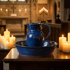 Footwashing Pitcher and Basin (Deep Blue) - Handcrafted Stoneware