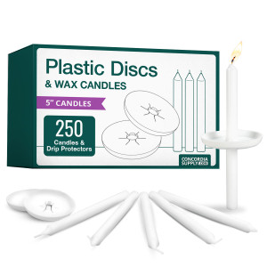 Candlelight Service Set of 250 Emkay Vigil Candles 5" x 1/2" and Plastic Disc Drip Protectors