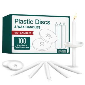 Candlelight Service Set of 100 Vigil Candles 6.5" x 1/2" and Plastic Disc Drip Protectors