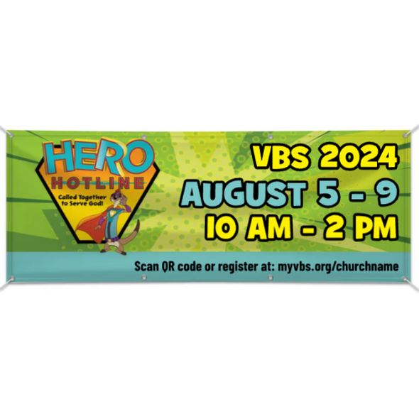 Easy Custom Outdoor Vinyl Banner - Personalize in Real Time - Hero Hotline VBS - BHER0011