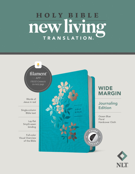 NLT Wide Margin Bible, Filament Enabled, Thumb Indexed (Hardcover, Ocean Blue Floral) - Bulk Case of 12