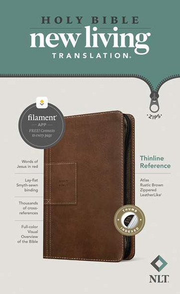 NLT Thinline Reference Zipper Bible (Filament Enabled), Rustic Brown LeatherLike, Indexed - Bulk Case of 16