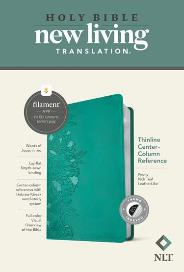 NLT Thinline Center-Column Reference Bible (Filament-Enabled), Peony Rich Teal LeatherLike, Indexed - Bulk Case of 20