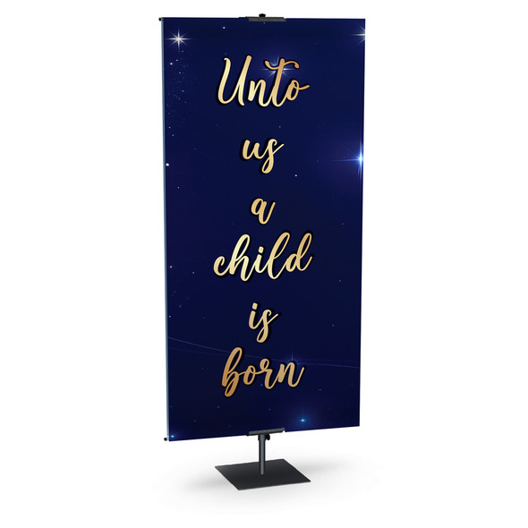 Church Banner - Gold & Midnight Blue Nativity Scene with Classic Hymns - Unto Us a Child is Born