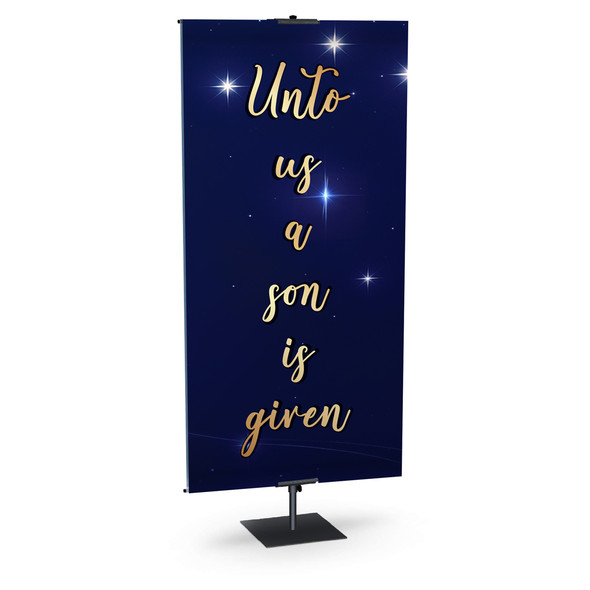 Church Banner - Gold & Midnight Blue Nativity Scene with Classic Hymns - Unto Us A Son Is Given