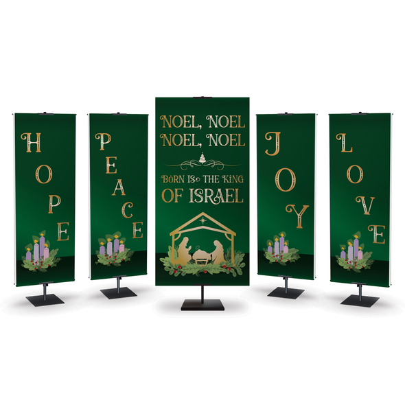 Church Banner - Emerald with Gold Letters Candles and Wreath - Joy