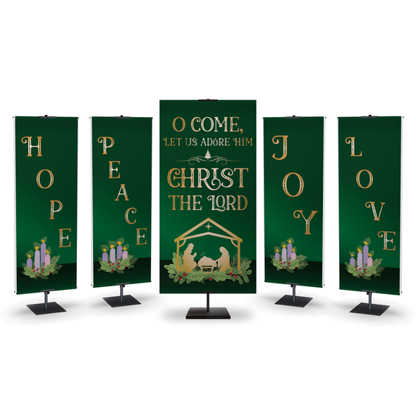 Church Banner - Emerald with Gold Letters Candles and Wreath - Love
