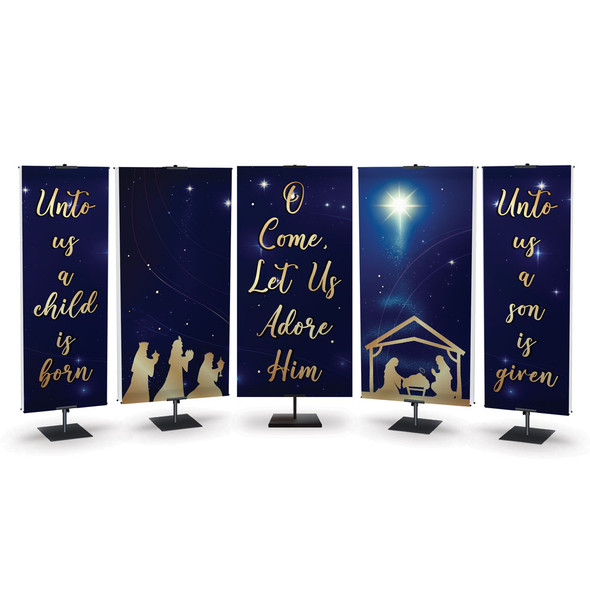 Christmas Banners - Gold & Midnight Blue Nativity Scene with Classic Hymns - Five Banner Set - Two 2'x6' and Three 3'x6' Banners - Fabric with Pole Loops